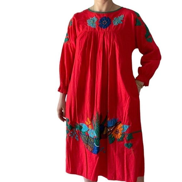 Vintage 1970s Womens Saybury Red Floral Duck Embroidered Cottagecore Dress Sz M - Picture 5 of 7